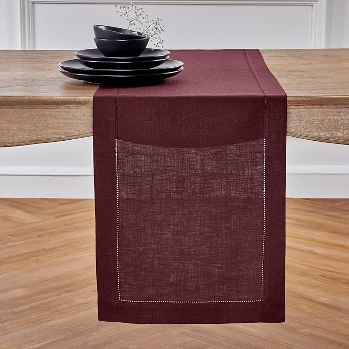 Solino Home Linen Burgundy Table Runner 90 Inches Long - 100% Pure Linen 14 x 90 Inch Table Runner for Valentines, Winter - Classic Hemstitch