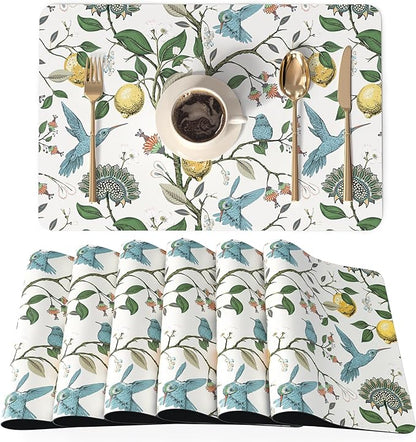 QIYI Placemats Set of 6, 12x18 Inch Faux Leather Place Mats for Kitchen Dinning, Heat Resistant Anti Slip Birds Table Mats, Waterproof Wipeable Washable Placemat Party Table Décor, Vintage Lemon Trees