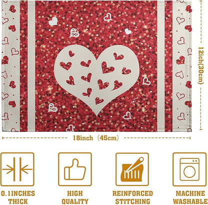 Valentine Hearts Placemats Set of 4, 12x18 Inch Red White Love Heart Linen Table Mats Romantic Wedding Heat Resistant Washable Place Mat for Party Kitchen Dining Outdoor Indoor Decor