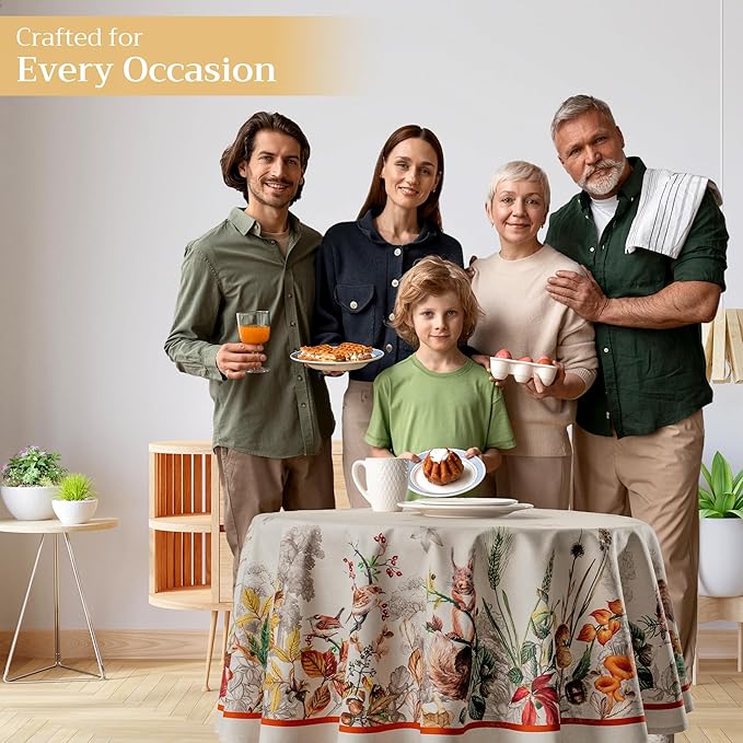 Maison d' Hermine Table Cloth Round Table 100% Cotton 69 Inches Fall Tablecloth Reusable Everyday Use for Thanksgiving Christmas Decorations Dining Farmhouse Party (Recolte)