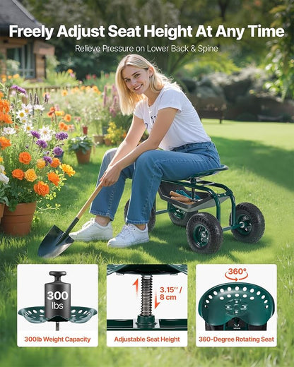 VEVOR Rolling Garden Cart with Swivel Seat, Heavy Duty Garden Seat with Storage - Image 2