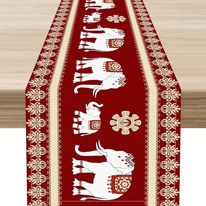 African Tribe Table Runner, Boho Red Elephants Tribal Traditional Diwali India Animal Ethnic Folk Rustic Coffee Table Center Decor for Home Kitchen Holiday Party Outdoor Table Decorations, 13"x72"