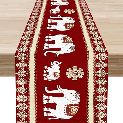 African Tribe Table Runner, Boho Red Elephants Tribal Traditional Diwali India Animal Ethnic Folk Rustic Coffee Table Center Decor for Home Kitchen Holiday Party Outdoor Table Decorations, 13"x36"