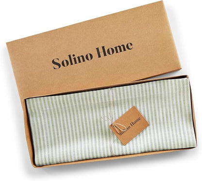 Solino Home Linen Table Runner 36 Inches - Narrow Stripe 100% Pure Linen Avocado and White Table Runner 14 x 36 Inch Ideal for Dresser and Coffee Tables - Winter, Spring, St Patricks Day, Easter