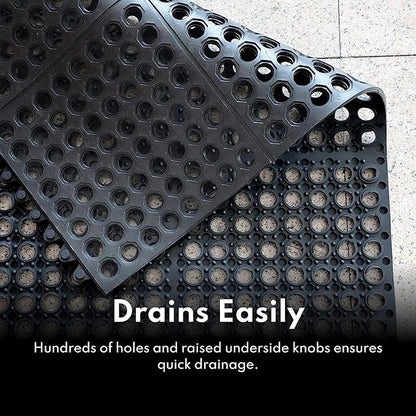 New Star Foodservice 54491 Commercial Grade Grease Resistant Anti-Fatigue Interlocking Rubber Floor Mat, 36" x 36", Black