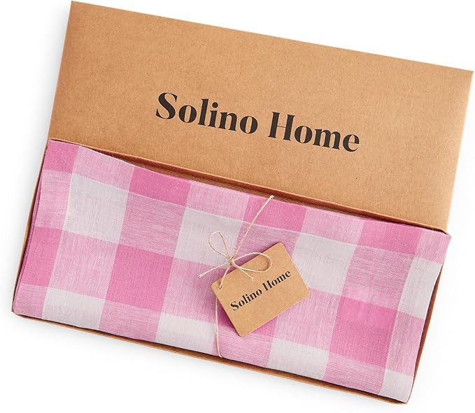Solino Home Linen Checkered Table Runners 90 Inches Long - 100% Pure Linen Pink Begonia Buffalo Check Table Runner 14 x 90 Inch Ideal for Dining, Valentines, Spring, Easter