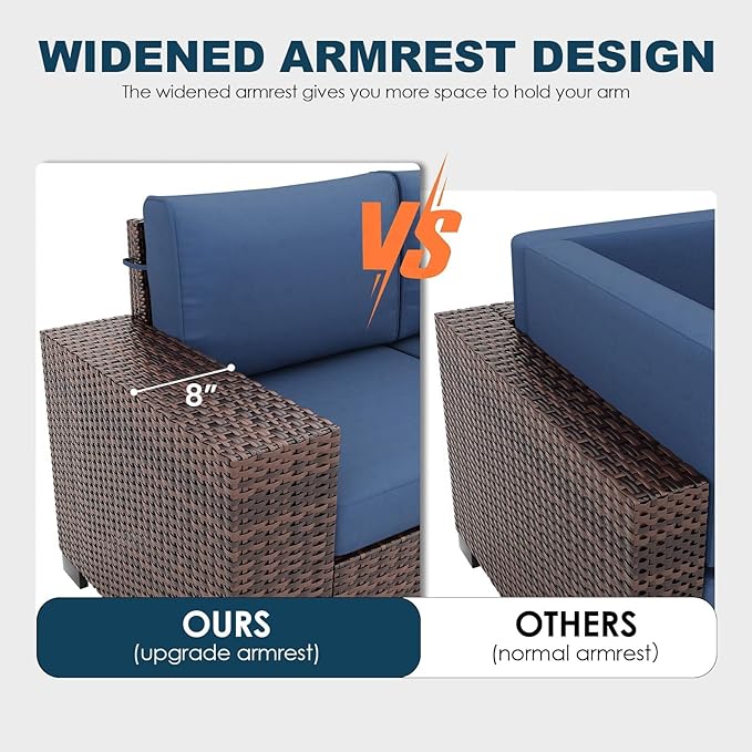 5 Piece Patio Furniture Set with Fire Pit Table, Wide Armrest Modular Outdoor Conversation Sets Brown PE Wicker Rattan Sectional Sofa, 4'' Thickened Cushion Navy Blue