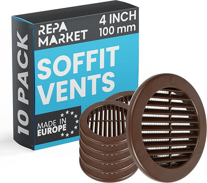 Repa Market 4 Inch (Opening) Brown Round Air Vent Cover - Pack of 10 Plastic Fresh Air Intake Vent - Grill Cover with Nylon Mesh Screen - Wall or Ceiling HVAC Return Air Register - Modern Soffit Vents