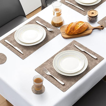 MOSAYT Faux Leather Placemats Set of 12, Heat Resistant Vinyl Place Mats with Coasters, Wipeable Washable 100% Waterproof Oil Proof Table Mat for Kitchen Dining Party Indoor Outdoor, 12" x 17", Khaki