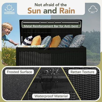 Flamaker Deck Box with Cushion 100 Gallon Waterproof Resin Storage Box with Air Rod Indoor Outdoor Lockable Storage Bench for Patio Furniture, Tools, Pool Accessories (Black)