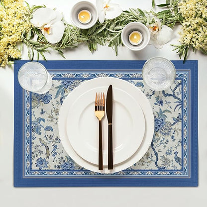 Giwawa 4PCs Chinoiserie Placemats Blue White Floral Birds Decorative Linen Table Mat 12"x18" Oriental Style Classic Flowers Heat Resistant Washable Place Mats for Kitchen Dining Party