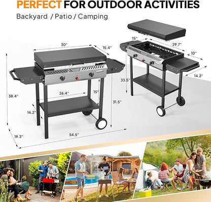 Bonnlo 2-in-1 Propane Stove and Griddle, Iginition Outdoor Gas Cooker with Storage Shelf and Portable Wheels, 2 Burner Camping Stove with 150000BTU Output for Backyard Cooking BBQ Frying and Boiling