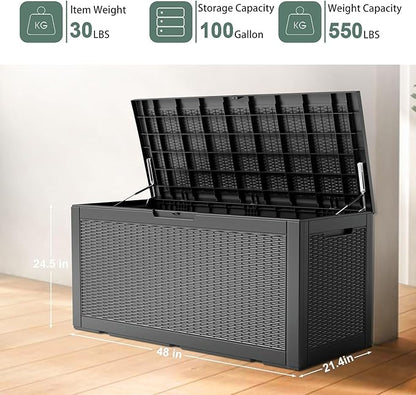 DRATO 100 Gallon Large Deck Box, Outdoor Storage Box for Patio Furniture, Patio Cushions, Gardening Tools, Pool Supplies,660lbs Weight Capacity,Waterproof Resin Storage Boxes（Black，100 Gallon）