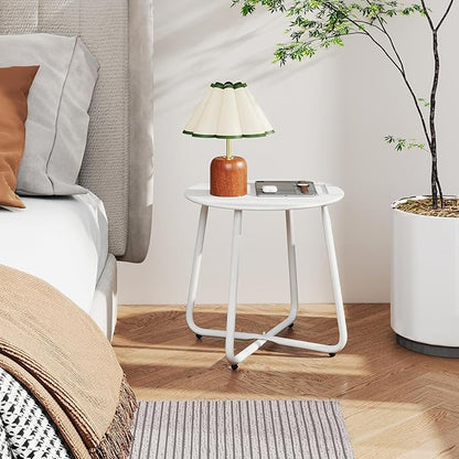 HollyHOME Round Metal Side Table, Rust-Resistant Patio Small Plant Stand, Outdoor 17.32'' Portable End Table for Balconies, Gardens, Living Rooms and Bedrooms, White