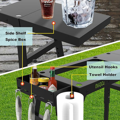 Griddle Stand for Blackstone 17"and 22" Tabletop Griddle, Foldable Grill Table with Adjustable Legs, a Removable Side Shelf, Paper Towel Holder, 3 Tool Hooks and a Spice Box, for RV, Camping