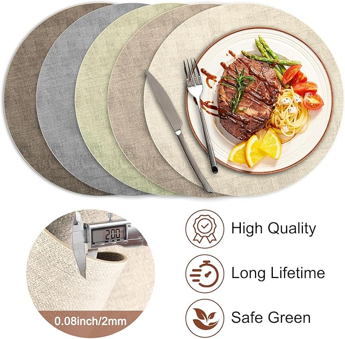 Round Faux Leather Placemats and Coasters, Set of 4, Reversible Heat Resistant Non-Slip Table Mats, Waterproof Wipeable Place Mats for Dining Table, Washable for Indoor & Outdoor (4, Beige)