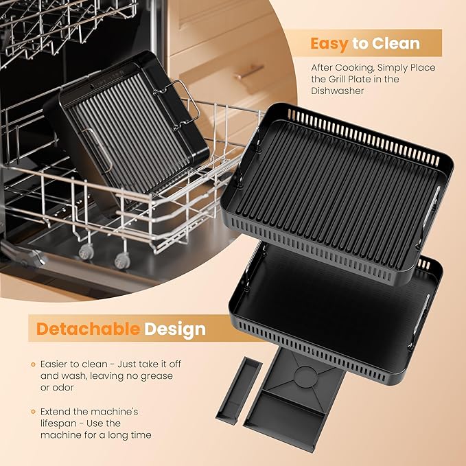 Kismile 2-in-1 Griddle and Indoor Grill,Electric Smokeless Grill with Temperature Control,Removable Plate,Portable Smoke-Free Griddle for Indoor Steaks,Vegetables,Family Cooking