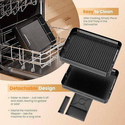 Kismile 2-in-1 Griddle and Indoor Grill,Electric Smokeless Grill with Temperature Control,Removable Plate,Portable Smoke-Free Griddle for Indoor Steaks,Vegetables,Family Cooking