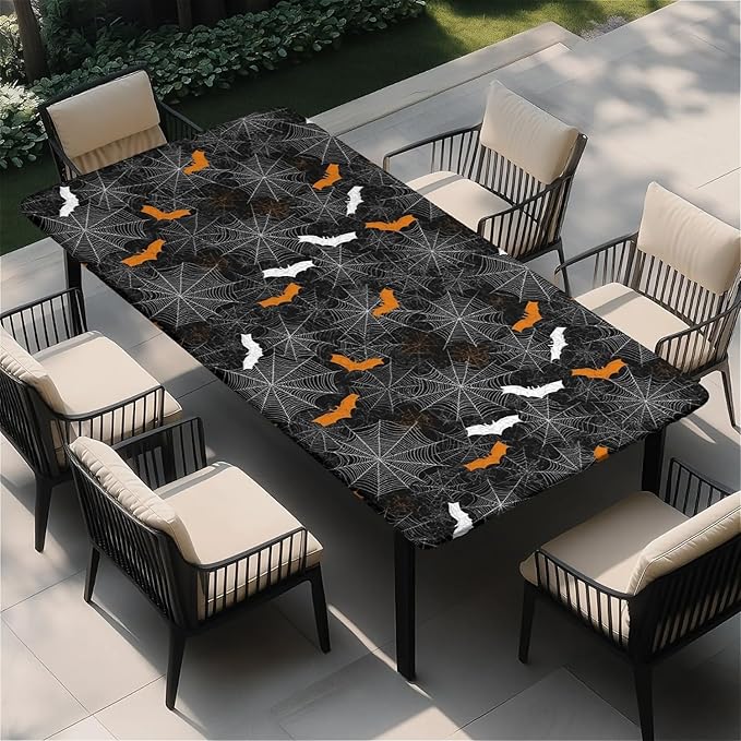 Rectangle Table Cloth Cover Waterproof Elastic Fitted Polyester Fitted Tablecloths for 6 Foot Tables for Indoor,Picnic, Camping, Outdoor （60" x 30"，Halloween）
