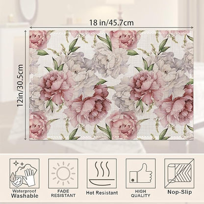 Placemats,Pink White Peony Flower Placemats 12x18 Inch Waterproof Non-Slip Washable Table Mats for Kitchen Dining Party Table Decor,Set of 6