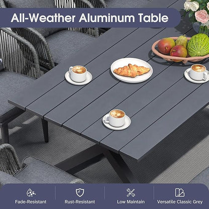 PURPLE LEAF 14 Pieces Patio Dining Set Wicker Outdoor Furniture Rectangular Table and Chairs Set for Garden Deck Aluminum Frame Backyard Kitchen Set, Cushions and Pillows Included Grey