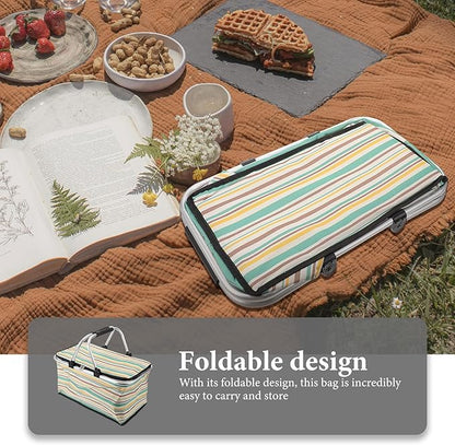 GALPADA Insulated Picnic Basket Multi-Function Cooler Bag for Outdoor Dining Foldable Thermal Tote Thick Aluminum Film Yellow-Green Pattern Without Ice Pack