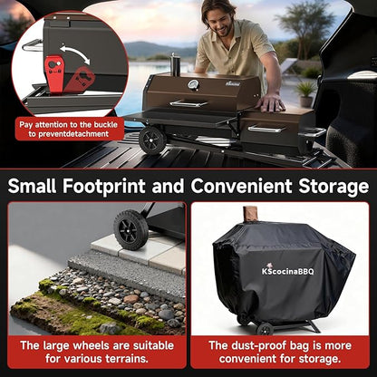Portable Charcoal Grill with Smoking Function, Foldable Suitcase Design with Wheels, Multi-Tier Storage Rack & Waterproof Cover for Outdoor BBQ Parties (Khaki)