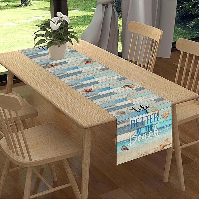 Summer Beach Table Runner, Nautical Starfish Seashell Ocean Retro Wooden Plank Coffee Table Center Decor for Home Kitchen Dining Patio Holiday Party Table Decorations 13"x72"