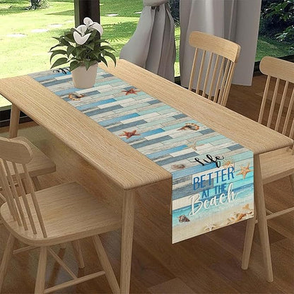 Summer Beach Table Runner, Nautical Starfish Seashell Ocean Retro Wooden Plank Coffee Table Center Decor for Home Kitchen Dining Patio Holiday Party Table Decorations 13"x72"