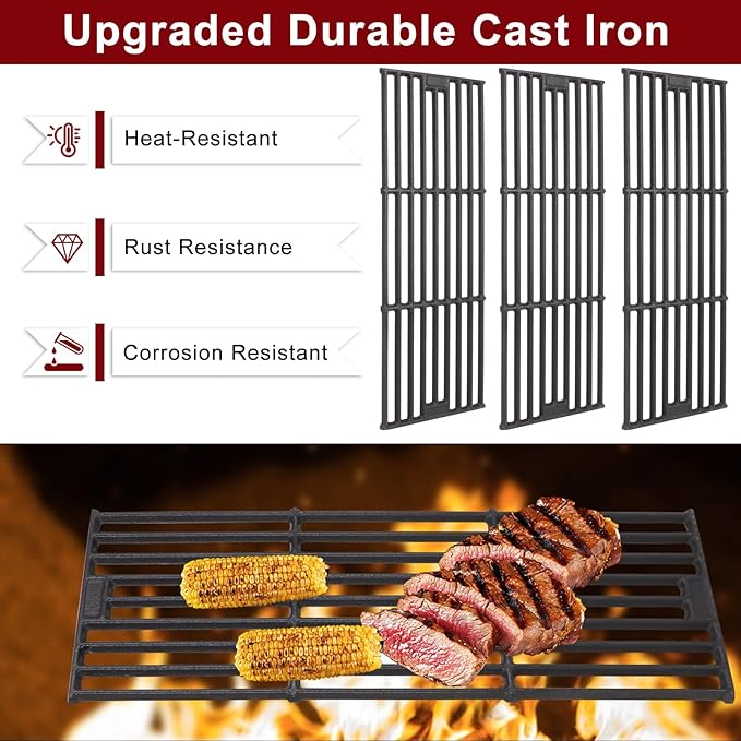 Hiorucet Grill Replacement Parts for Chargriller 5650, 5050, 3001, 5072, 3030, 3008, 4000, 5252, King-Griller 3008 5252 Gas Grills, Cast Iron Cooking Grates, Stainless Steel Heat Plates and Burner
