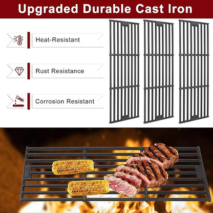 Hiorucet Grill Replacement Parts for Chargriller 5650, 5050, 3001, 5072, 3030, 3008, 4000, 5252, King-Griller 3008 5252 Gas Grills, Cast Iron Cooking Grates, Stainless Steel Heat Plates and Burner