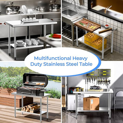 NUUK Stainless Steel Worktable 24" x 48" Kitchen Food Prep Grill Work Table Heavy Duty Commercial Workstation Adjustable Height for Restaurant, Home and Hotel
