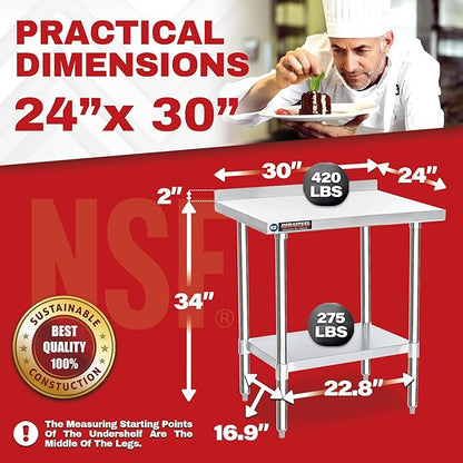 DuraSteel NSF Commercial Kitchen Table - 24 x 30 Inch Cooking Prep Stainless Steel Kitchen Island Workstation w/ Adjustable Under Shelf - Heavy Metal Backsplash Workbench For Restaurant, Home, Garage