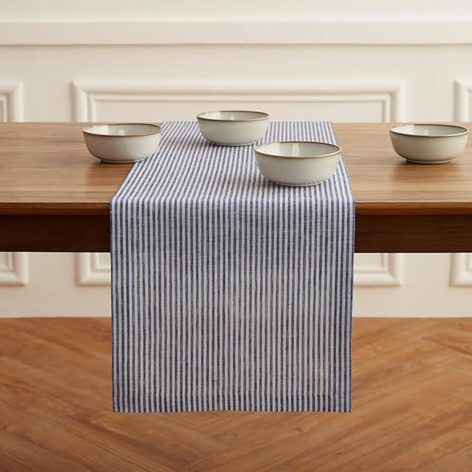 Solino Home Linen Table Runner 48 Inches - Narrow Stripe 100% Pure Linen Navy and White Table Runner 14 x 48 Inch Ideal for Dresser and Coffee Tables - Winter, Spring, Easter