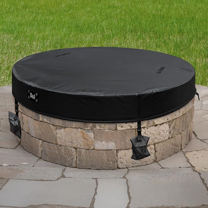 Outdoor Fire Pit Cover,In Ground Firepit Covers Round with Sandbag,600D Heavy Duty Waterproof and Tear-Resistant,Windproof,Suitable for 46-51 Inch Round Built in Stone Firepits,Black