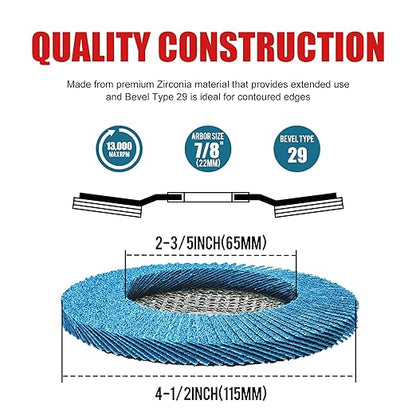 EZARC Flap Disc 4 1/2 Inch for Anger Grinder, 10 PCS 120 Grit Zirconia Grinder Sanding Disc, Type 29 Abrasive Grinding Wheel for Stainless Steel, Sheet Metal (7/8 inch Arbor Size)