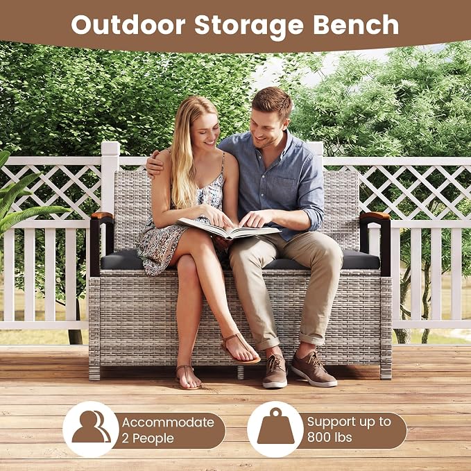 RELAX4LIFE Wicker Outdoor Storage Bench, Rattan Deck Box | 46 Gallon Mix Grey - Image 8