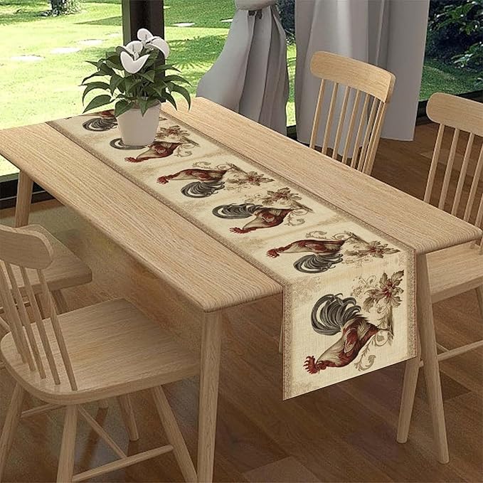 Farmhouse Rooster Table Runner, Vintage Rooster Retro Farmhouse Country Chicken Coffee Table Center Decor for Home Kitchen Dining Patio Holiday Party Indoor Outdoor Table Decorations 13"x90"
