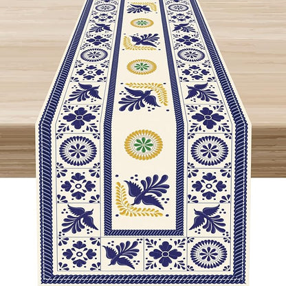 Mexican Table Runner, Blue Floral Birds Mexico Talavera Ceramic Dia De Los Muertos Coffee Table Center Decor for Family Home Kitchen and Dining Farmhouse Indoor Outdoor Table Decorations, 13" X 72"