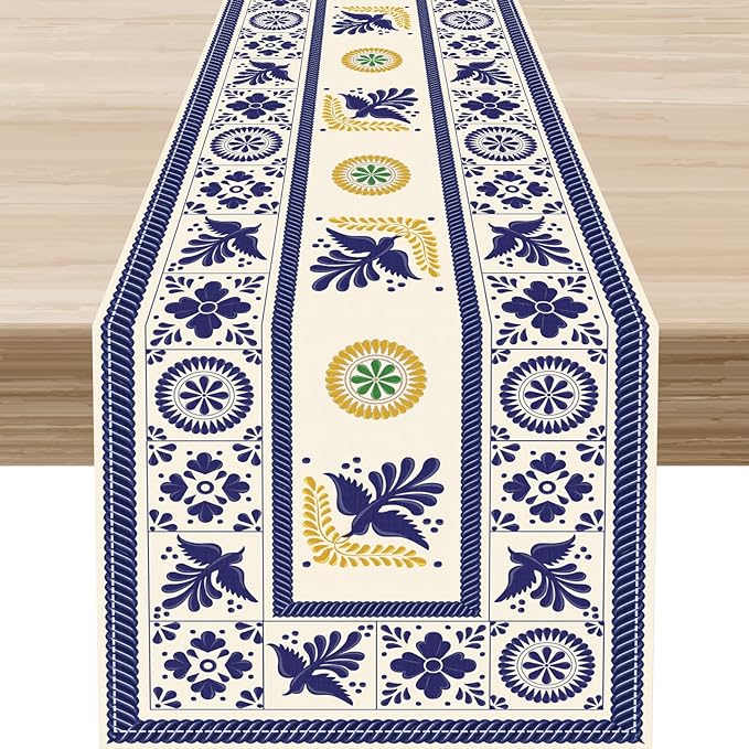 Mexican Table Runner, Blue Floral Birds Mexico Talavera Ceramic Dia De Los Muertos Coffee Table Center Decor for Family Home Kitchen and Dining Farmhouse Indoor Outdoor Table Decorations, 13" X 36"