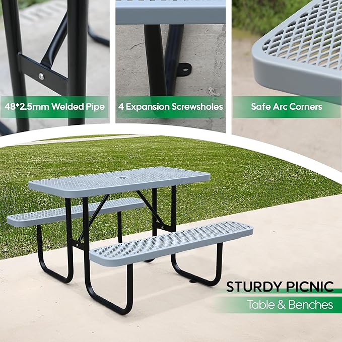 4FT Rectangular Metal Picnic Table for Outdoors, Commercial Steel Metal Picnic Tables, Heavy Duty Sturdy Picnic Tables Furniture Set for Patio Garden Courtyard BBQ, with Umbrella Hole, Grey