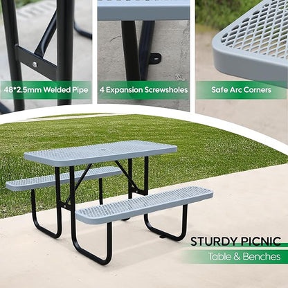 4FT Rectangular Metal Picnic Table for Outdoors, Commercial Steel Metal Picnic Tables, Heavy Duty Sturdy Picnic Tables Furniture Set for Patio Garden Courtyard BBQ, with Umbrella Hole, Grey