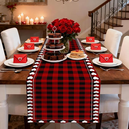 Valentine’s Day Love Heart Red Black Buffalo Plaid Table Runner 13x72 Inch Seasonal Holiday Kitchen Dining Tabletop Runners for Anniversary Mantel Party Indoor Outdoor Decoration