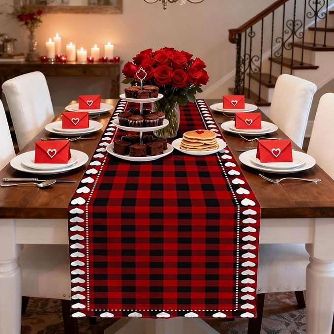 Valentine’s Day Love Heart Red Black Buffalo Plaid Table Runner 13x108 Inch Seasonal Holiday Kitchen Dining Tabletop Runners for Anniversary Mantel Party Indoor Outdoor Decoration