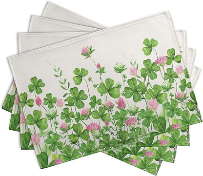 Shamrocks St. Patrick's Day Placemats Set of 4 Watercolor Lucky Clovers St Patrick's Day Table Mats Seasonal Spring Green Leaves Linen Place Mats for Party Kitchen Dining Outdoor Indoor Decor