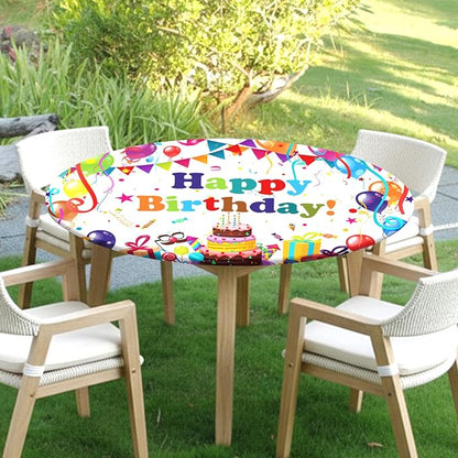 Birthday Round Fitted Tablecloth with Elastic Colorful Happy Birthday Party Circle Table Cover for 48-52" Round Tables Wipeable Waterproof Cake Balloons Gifts Table Cloth for Picnic Dining Patio Decor