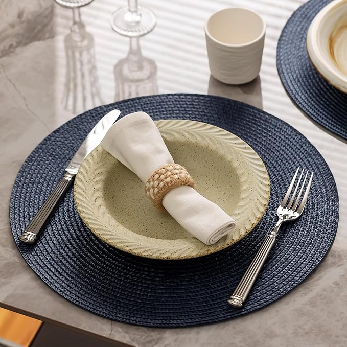 Round Placemats Set of 6 Plastic Woven Placemats Washable Wipeable Table Mats for Dining Table Heat Resistant Non-Slip Circle Place Mats (Navy Blue)