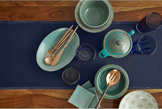 Solino Home Linen Navy Blue Table Runner 72 Inches Long - Fringe, 100% Pure Linen Dining Table Runner 14 x 72 Inch for Winter