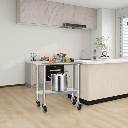 HARDURA Stainless Steel Commercial Table Prep & Work Table with Casters Heavy Duty Metal Table with Wheels NSF 430 14×30 Inches