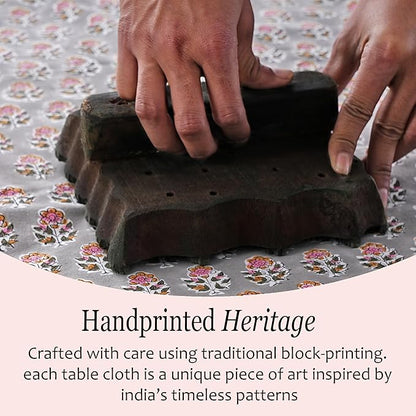 CPC Tablecloth 100% Cotton 70x118 Inch Indian Block Print Rectangle Table Cover, Table Cloth for Weddings, Spring/Summer, Barbeque - Labra Gray